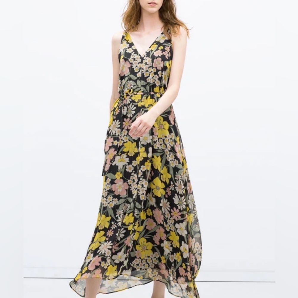 Floral V-Neck Black Maxi Dress with Yellow & Pink Blooms